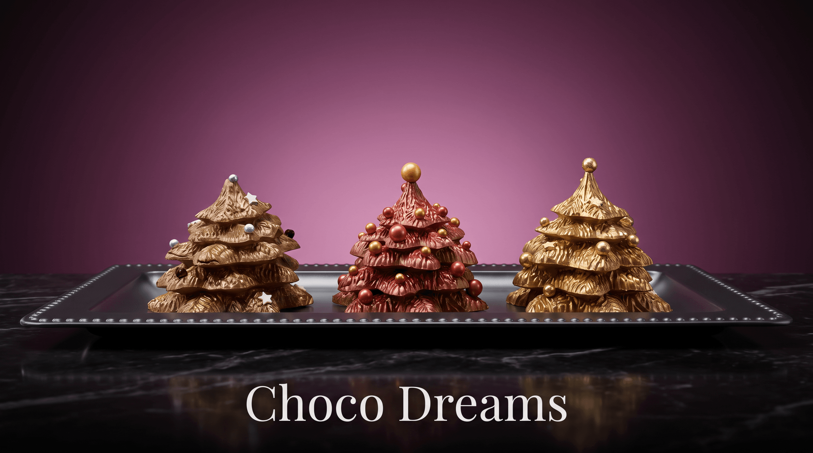 Drie chocolade kerstboompjes op een zilveren schaal